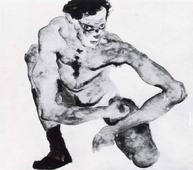 Egon Schiele Squatting male nude with stockings Sweden oil painting art